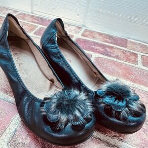 ENEKA Black Fur Flower‎ Wedge Pumps Sz 38 / 7.5 Made in Spain Pre-Loved